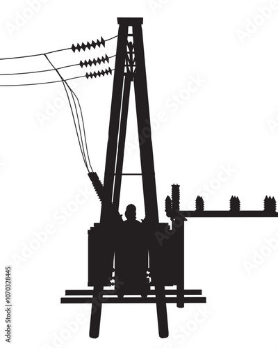 Silhouette Power grid substation - vector illustration. High voltage transmission systems. Electric pole. Power lines. A network of interconnected electrical. City electricity infrastructure