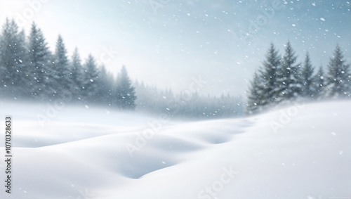 Winter wonderland with snow drifts and distant forest view.