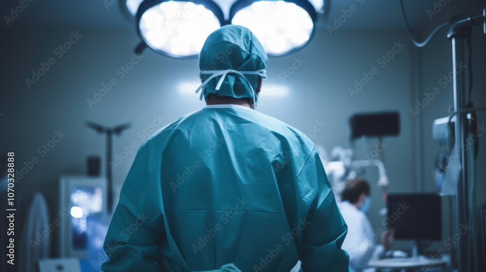 A surgeon, seen from behind, stands focused under bright operating lights, encapsulating duty, precision, and the demanding atmosphere of surgery. A surgeon, seen from behind, stands focused under bright operating lights, encapsulating duty, precision, and the demanding atmosphere of surgery.