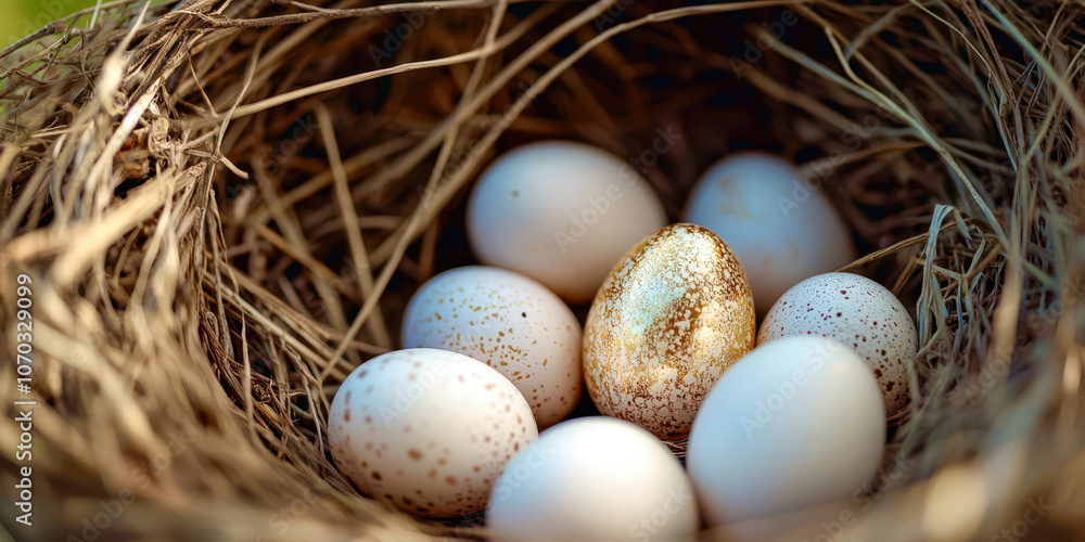 A nest of eggs with one golden egg in the middle A nest of eggs with one golden egg in the middle