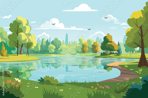 A tranquil landscape featuring a calm lake reflecting trees and clouds. Vector illustration