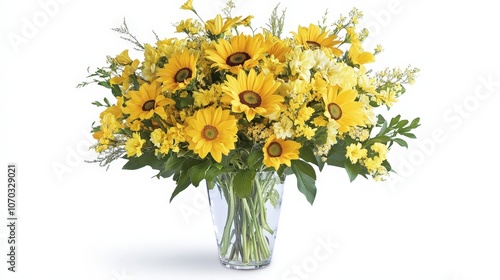 Wallpaper Mural A beautiful arrangement of yellow flowers is elegantly displayed in a clear vase against a smooth white background. Torontodigital.ca