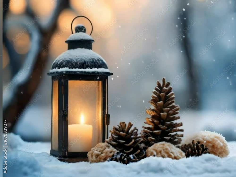 A lantern with burning candle in snow fall, lantern in winter A lantern with burning candle in snow fall, lantern in winter