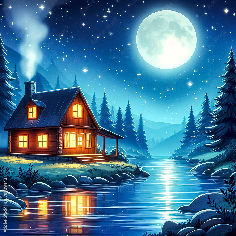 Fototapeta premium beautiful mountain landscape with house on river bank in big moon light with glowing windows