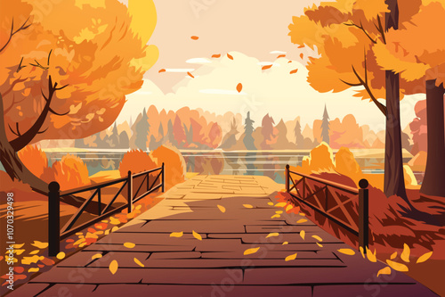 A serene autumn scene featuring a winding pathway trees. Vector illustration