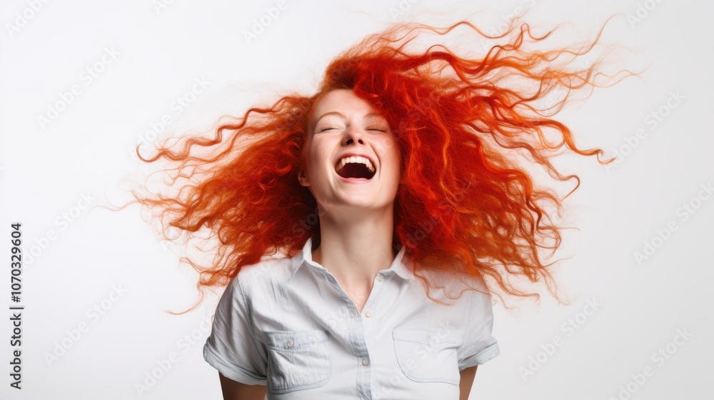 Fototapeta premium A red-haired woman throws her head back joyfully, with her curly hair radiating vitality and exuberance against a soft, neutral background.