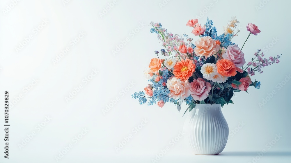 A beautiful ceramic vase overflowing with a colorful assortment of flowers is positioned on a clean white background. A beautiful ceramic vase overflowing with a colorful assortment of flowers is positioned on a clean white background.