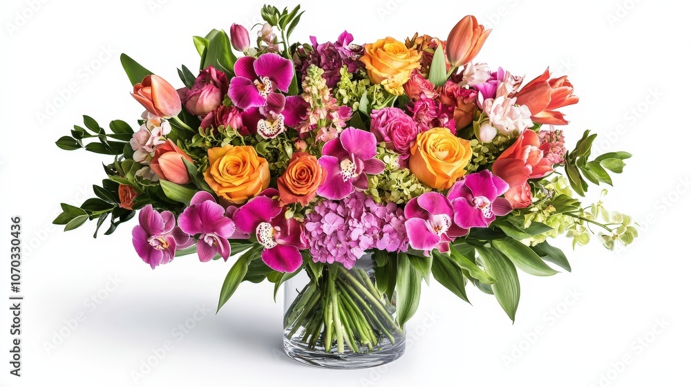 A beautifully arranged bouquet of flowers in a sleek vase is showcased on a pristine white background. A beautifully arranged bouquet of flowers in a sleek vase is showcased on a pristine white background.
