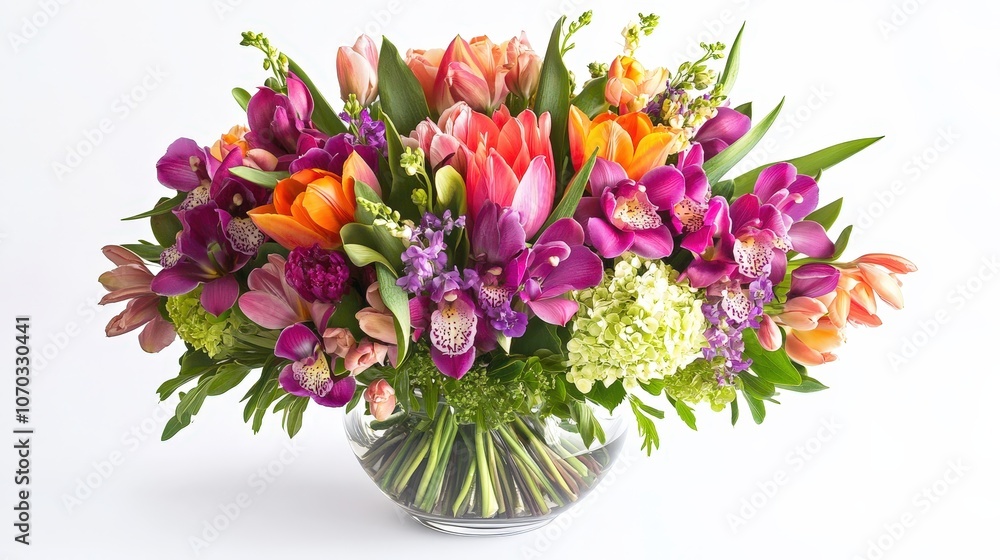 A beautifully arranged bouquet of flowers in a sleek vase is showcased on a pristine white background. A beautifully arranged bouquet of flowers in a sleek vase is showcased on a pristine white background.
