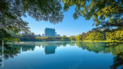 A serene lake with crystal-clear water reflecting the green trees and blue sky, early morning light