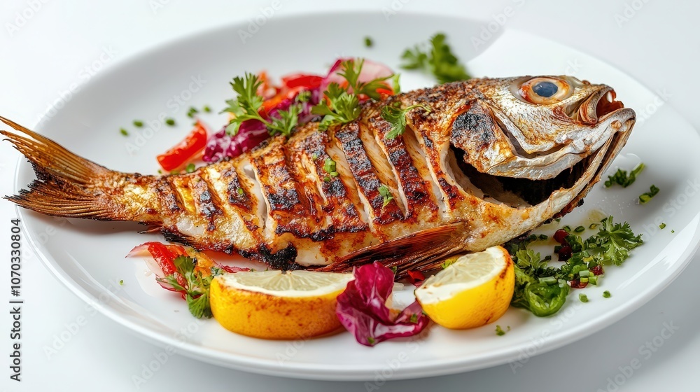 A beautifully presented plate of grilled fish is elegantly displayed on a bright white surface, showcasing its crispy skin and vibrant garnishes A beautifully presented plate of grilled fish is elegantly displayed on a bright white surface, showcasing its crispy skin and vibrant garnishes