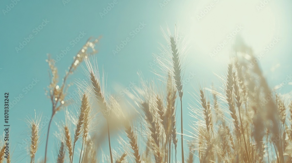 Obraz premium Golden Wheat Field Under Clear Blue Sky