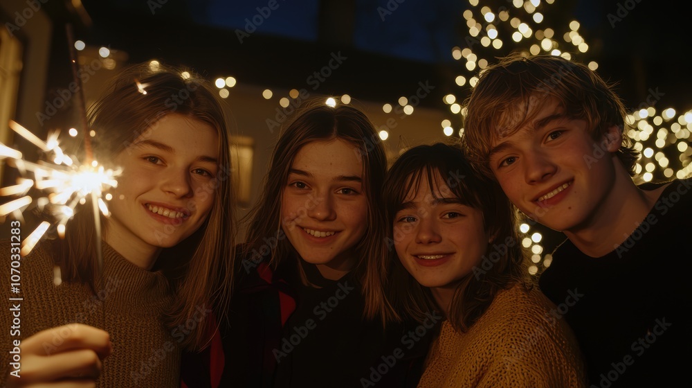 Fototapeta premium Friends celebrate together with sparklers in a festive night scene illuminated by holiday lights