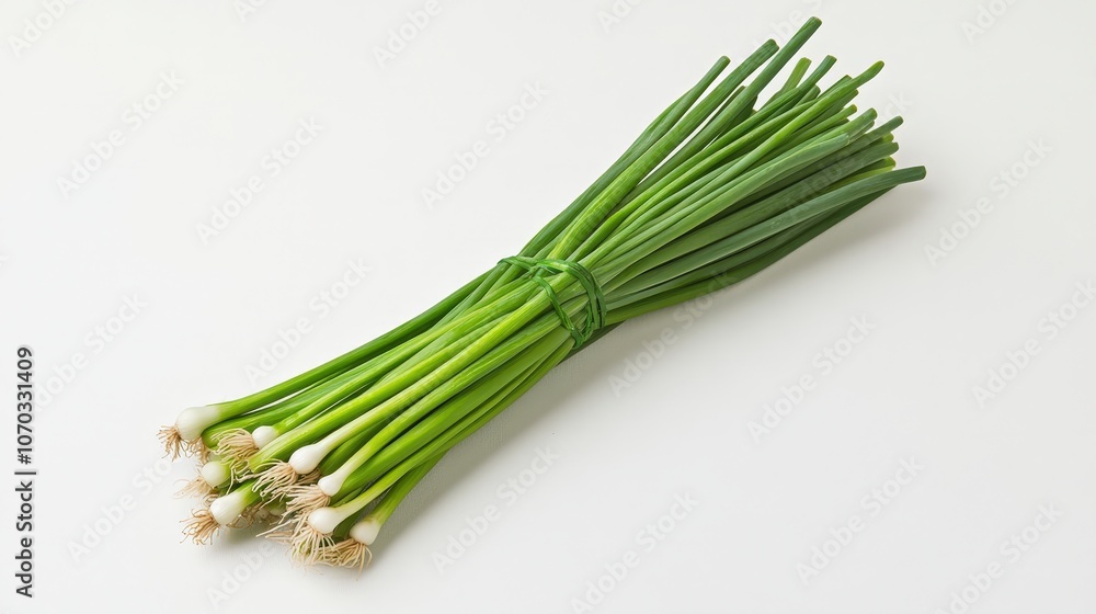 A bundle of bright green scallions is placed on a pristine white background. A bundle of bright green scallions is placed on a pristine white background.