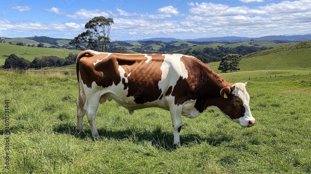 Cow Grazing in Lush Green Pasture Under Blue Sky Cow Grazing in Lush Green Pasture Under Blue Sky