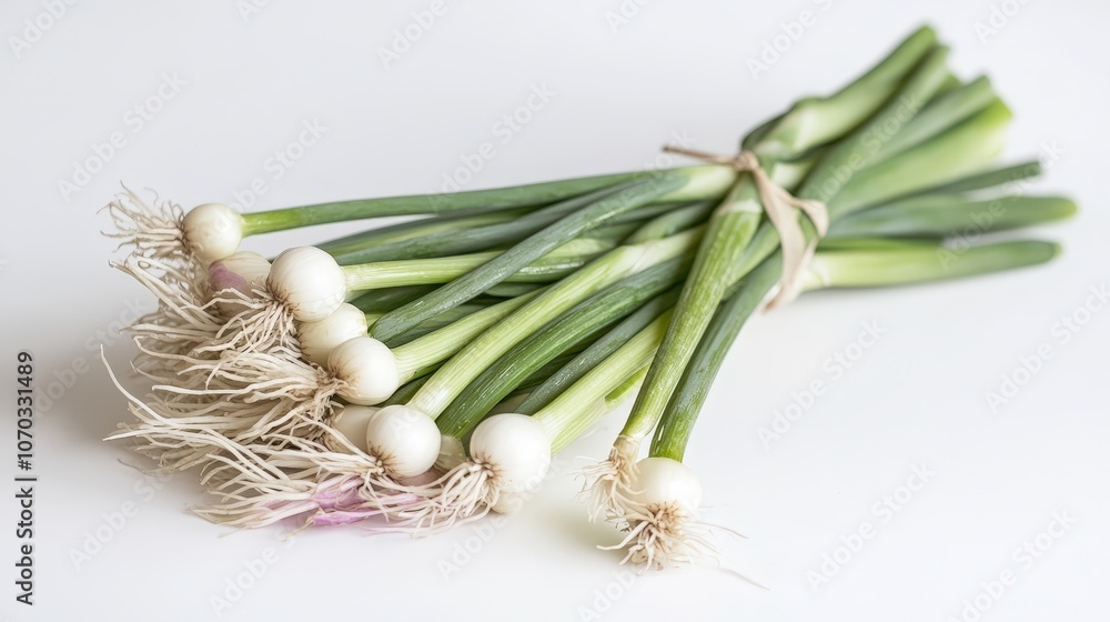 A bundle of fresh scallions lies on a pure white background. A bundle of fresh scallions lies on a pure white background.