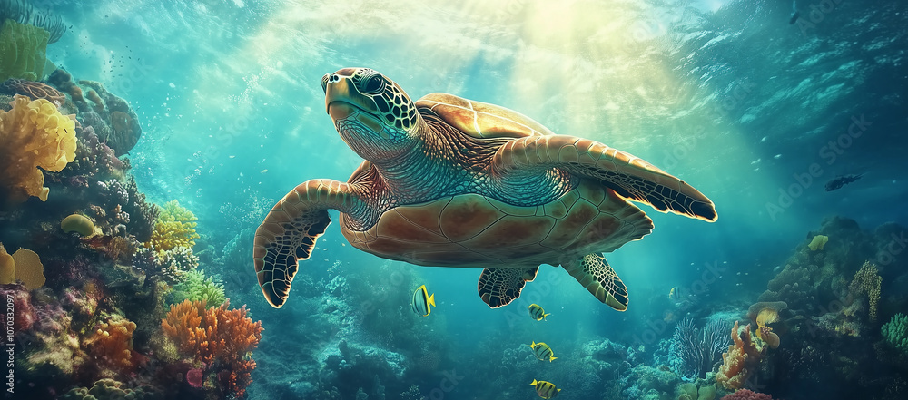 Obraz premium Sea turtle swimming in a vibrant coral reef with colorful fish.