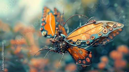 Futuristic orange mechanical robot butterfly flying elegantly on soft focus background