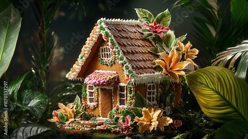 A beautifully decorated Christmas gingerbread house adorned with tropical flowers in a lush setting