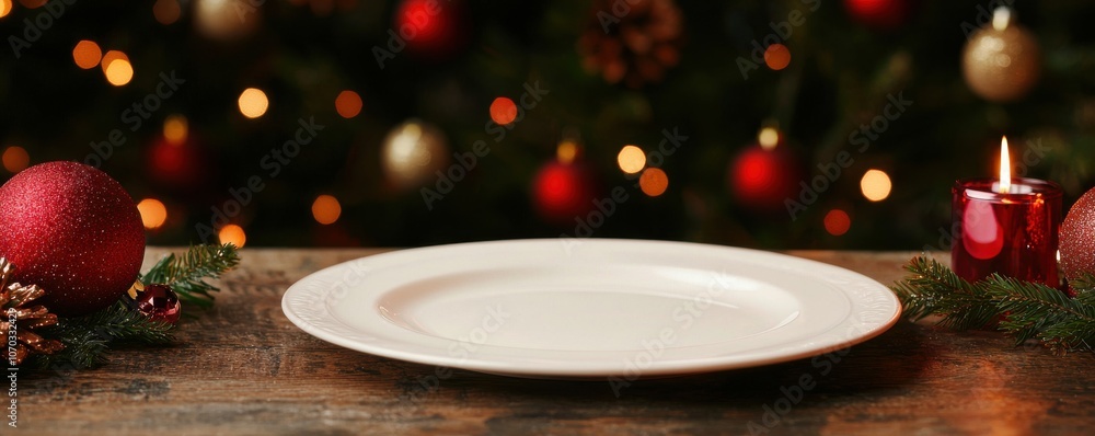 A simple, elegant empty plate is set against a blurred holiday background adorned with festive decorations and soft candlelight. A simple, elegant empty plate is set against a blurred holiday background adorned with festive decorations and soft candlelight.