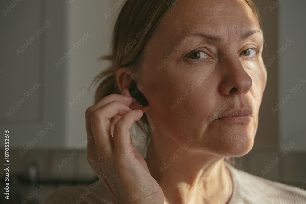 Mature woman in headphones enjoying music at home. Caucasian middle-aged freelancer listening to podcast radio e-book playlist online in mobile application. Mature woman in headphones enjoying music at home. Caucasian middle-aged freelancer listening to podcast radio e-book playlist online in mobile application.