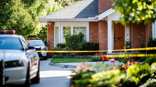 A serene suburban scene disrupted by police presence and caution tape, indicating a potential investigation ongoing near a home.