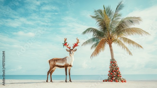 Fototapeta Naklejka Na Ścianę i Meble -  A majestic Christmas reindeer on the sandy beach near a beautifully decorated palm tree