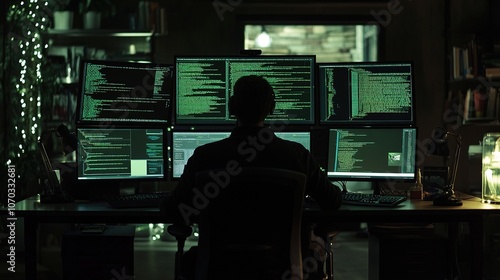  Programmer coding on multi-monitor setup in dark room.