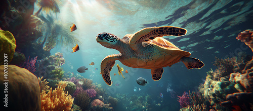 Sea turtle swimming in a vibrant coral reef with colorful fish.