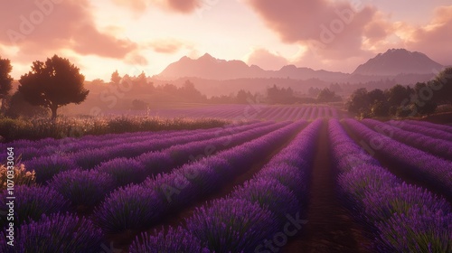 Lavender Field at Sunset in Mountain Landscape