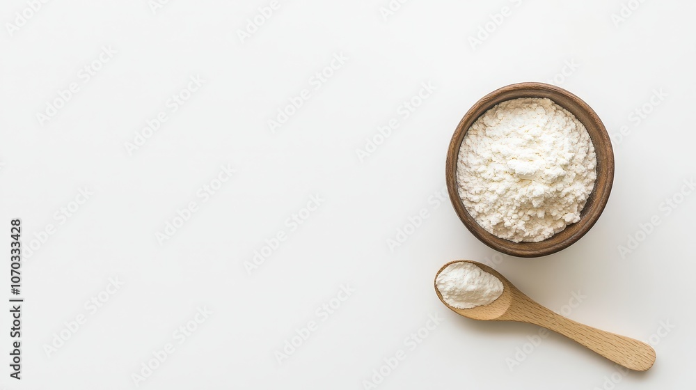 A charming display of milk powder in a small bowl, accompanied by a wooden spoon, is arranged on a crisp white background.