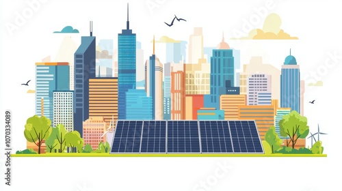 Urban cityscape showcases solar energy solutions and sustainable living for a greener future #1070334089