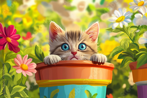 Cute Baby Kitten Peeking Out of Colorful Flowerpot in Sunny Garden photo