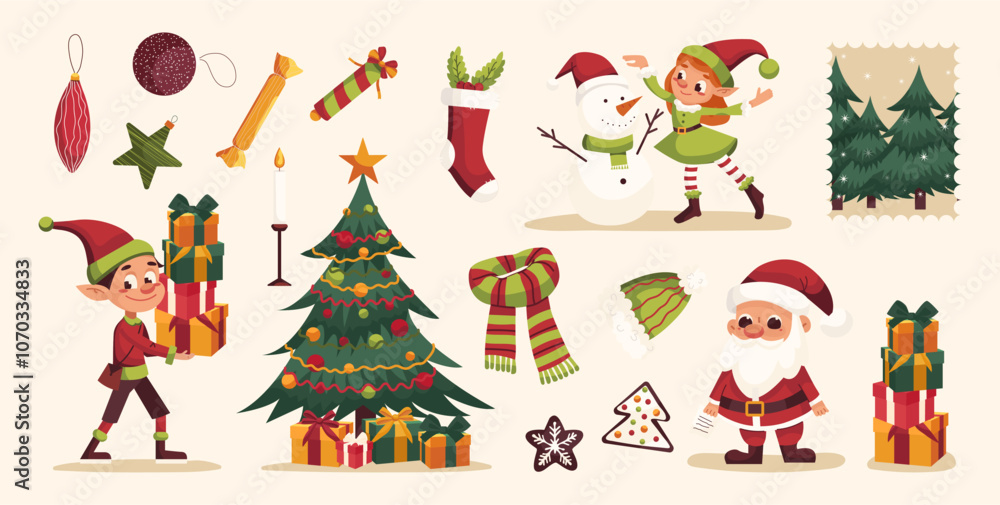 Christmas and New Year Sticker Pack with Festive Characters Christmas and New Year Sticker Pack with Festive Characters