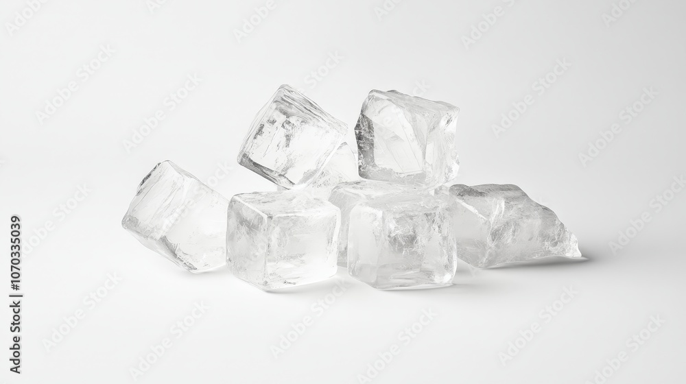 A cluster of perfectly shaped ice cubes rests on a pure white background. A cluster of perfectly shaped ice cubes rests on a pure white background.