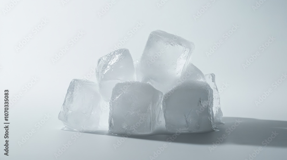 A cluster of perfectly shaped ice cubes rests on a pure white background. A cluster of perfectly shaped ice cubes rests on a pure white background.