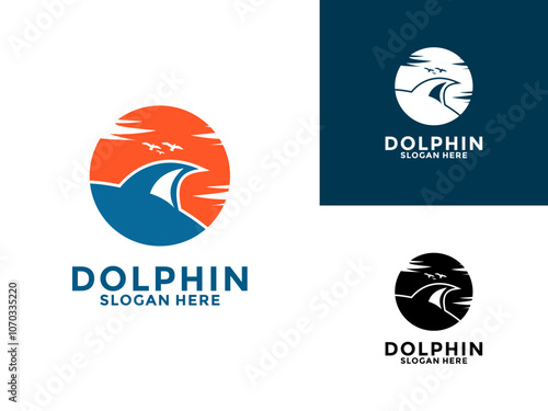 dolphin fin and sunset logo design vector illustration