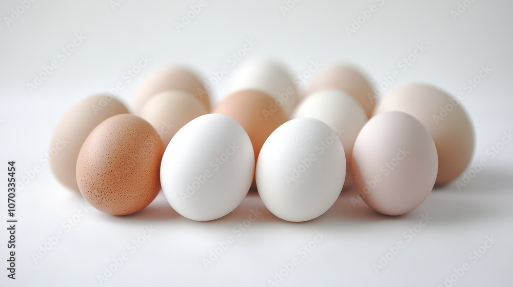 A collection of fresh chicken eggs is placed on a clean white background, their natural shells varying slightly in tone. A collection of fresh chicken eggs is placed on a clean white background, their natural shells varying slightly in tone.