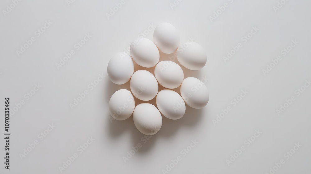 A collection of fresh chicken eggs is placed on a clean white background, their natural shells varying slightly in tone. A collection of fresh chicken eggs is placed on a clean white background, their natural shells varying slightly in tone.