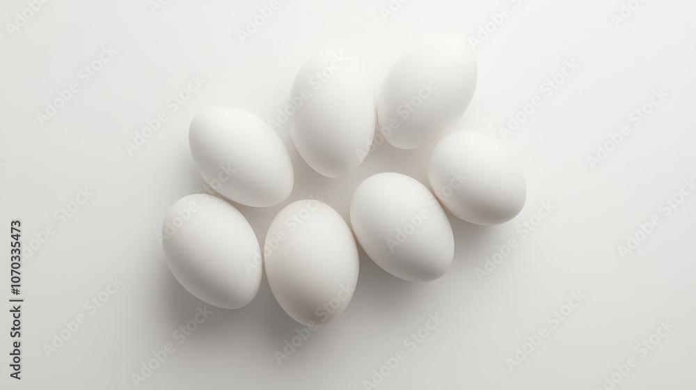 A collection of fresh chicken eggs is placed on a clean white background, their natural shells varying slightly in tone. A collection of fresh chicken eggs is placed on a clean white background, their natural shells varying slightly in tone.