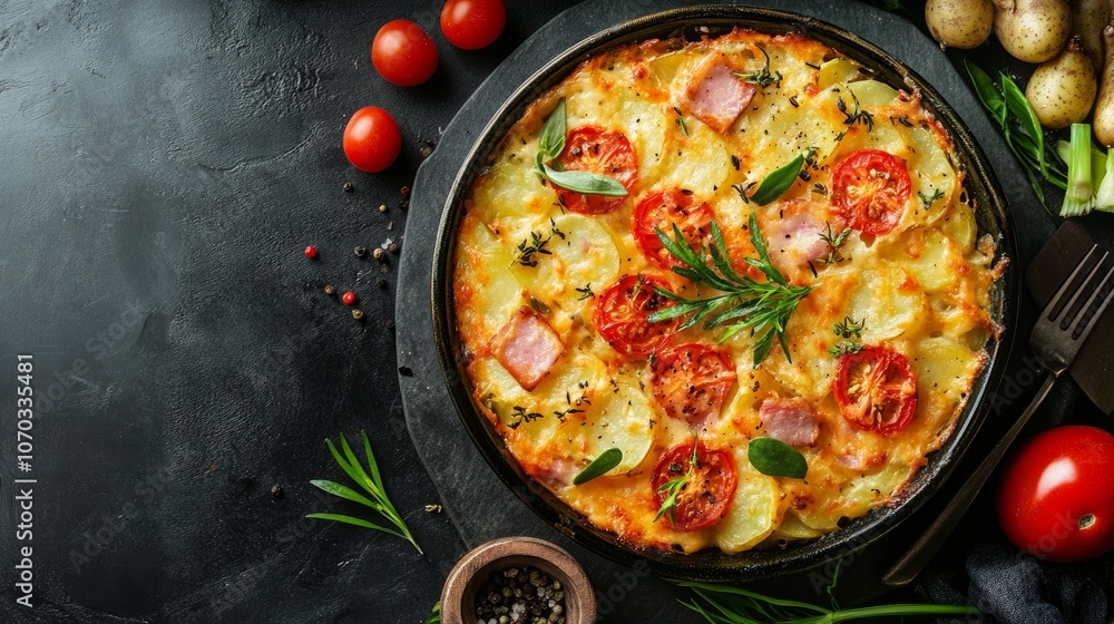 A casserole or creamy potato gratin with leek, ham, and tomato cheese on top. A rustic recipe for fall and winter A casserole or creamy potato gratin with leek, ham, and tomato cheese on top. A rustic recipe for fall and winter