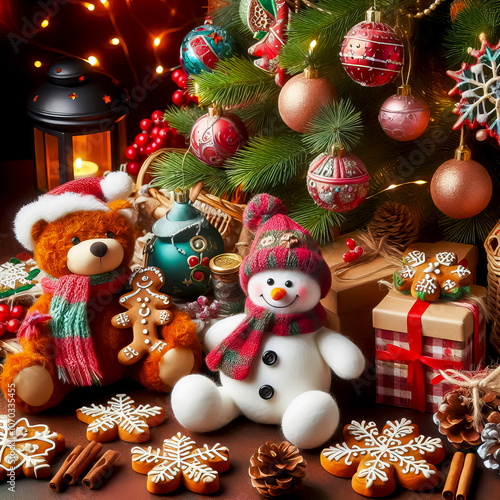 various toys and Christmas gifts near decorated Christmas tree