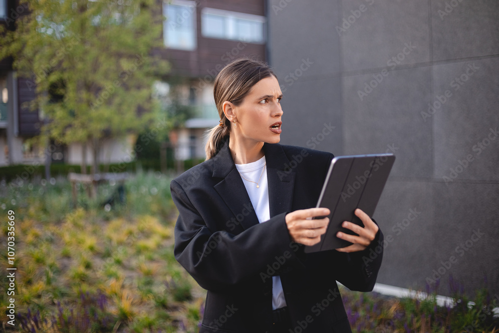 Doubtful woman with ponytail wear suit blazer hold tablet and look mad puzzled, angry. Girl stand near office at city, look annoyed. Doubtful woman with ponytail wear suit blazer hold tablet and look mad puzzled, angry. Girl stand near office at city, look annoyed.