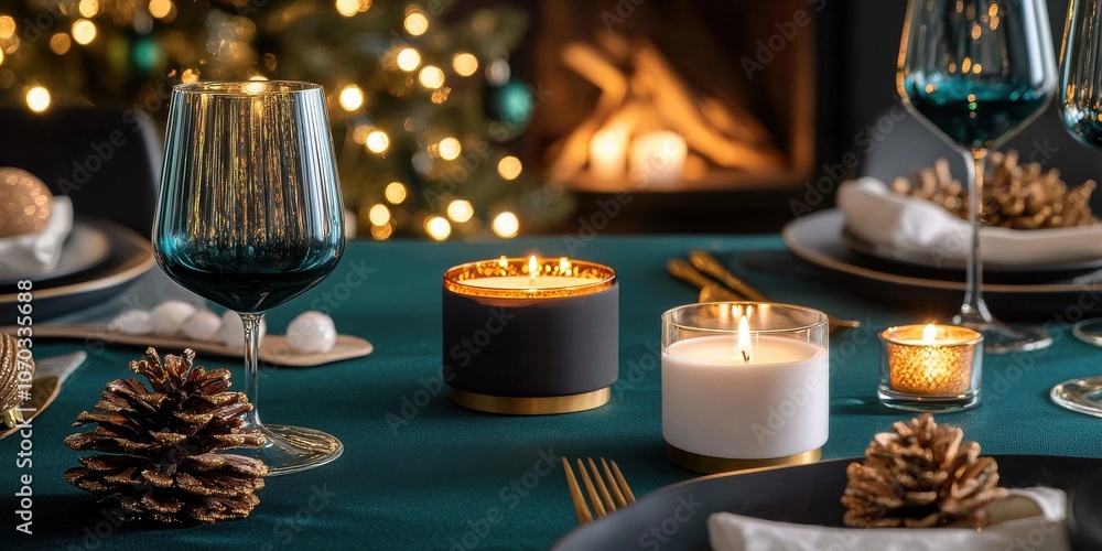 A beautifully set holiday dining table with candles, pinecones, and elegant glassware, creating a warm ambiance against a festive backdrop. A beautifully set holiday dining table with candles, pinecones, and elegant glassware, creating a warm ambiance against a festive backdrop.