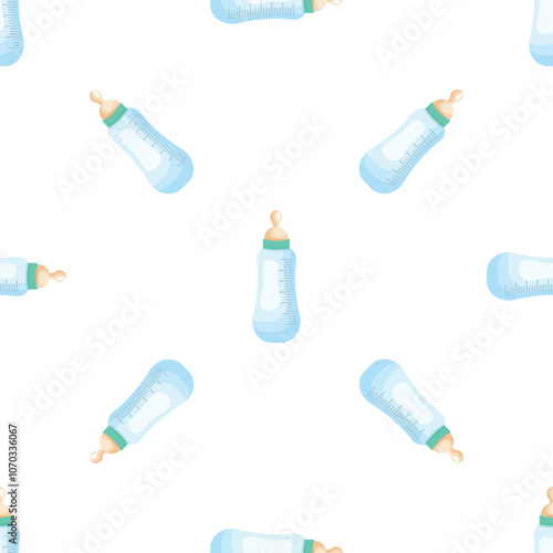 Baby bottles with scale forming a seamless pattern on white background, ideal for newborn and childcare concepts