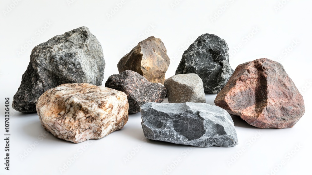 A collection of rugged rocks, varying in size and form, is displayed on a white background. A collection of rugged rocks, varying in size and form, is displayed on a white background.