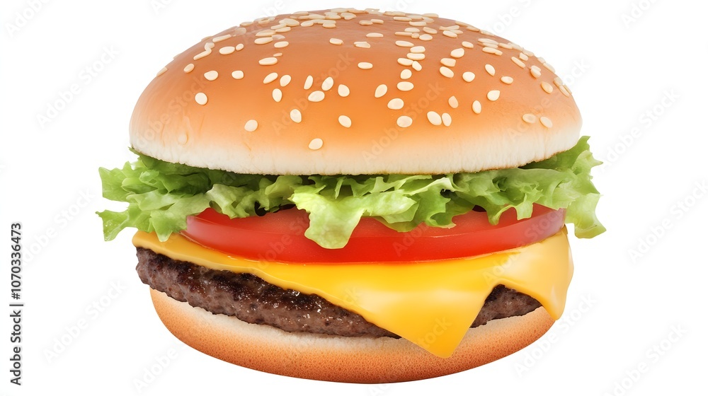 Delicious cheeseburger with fresh toppings on a white background. Delicious cheeseburger with fresh toppings on a white background.