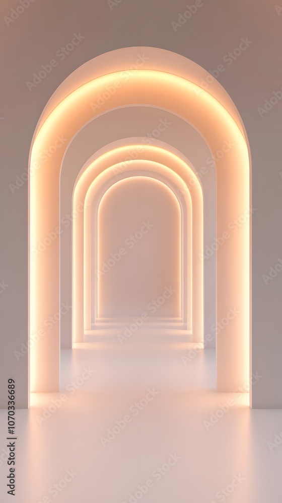 Empty white space with a minimalist design featuring elegant arches, clean lines, and soft lighting, creating a serene and modern architectural aesthetic Empty white space with a minimalist design featuring elegant arches, clean lines, and soft lighting, creating a serene and modern architectural aesthetic
