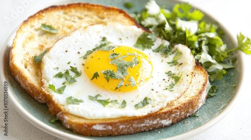 A fried egg on two slices of toasted bread with cilantro garnish on a blue plate.