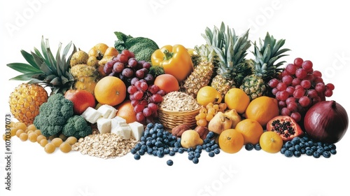 A colorful arrangement of fruits, vegetables, grains, proteins, and dairy sits against a transparent white background.